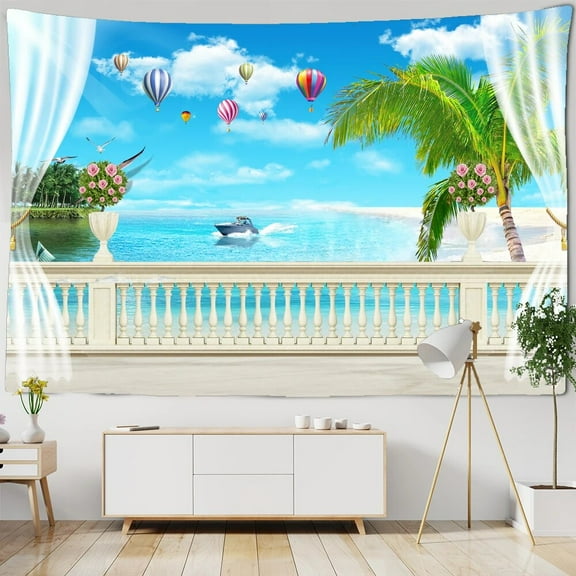 Imitation Window Beach Landscape Tapestry Wall Hanging Tropical Tree Tapestries Art ration