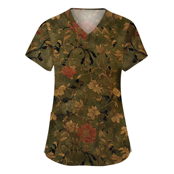 Scrubs Top for Women Plus Size Nursing Work Shirt V-Neck Short Sleeve Scrub Tops with Side Slits Stretch Nurse Uniform Army Green L
