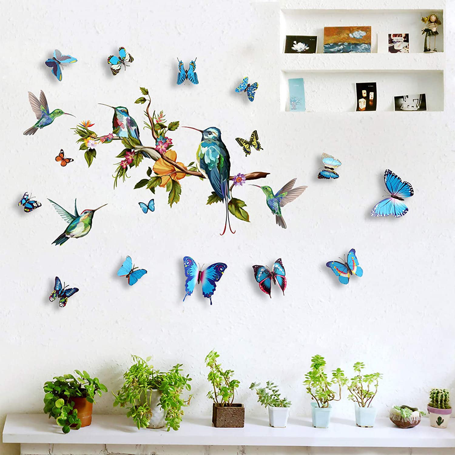 Hummingbird Wall Decals with 12 PCS 3D Colorful Butterfly Wall Stickers for Home Bedroom Removable Watercolor Birds on Tree Branch Wall Art Mural Decor Home Decorations for Living Room Bedroom