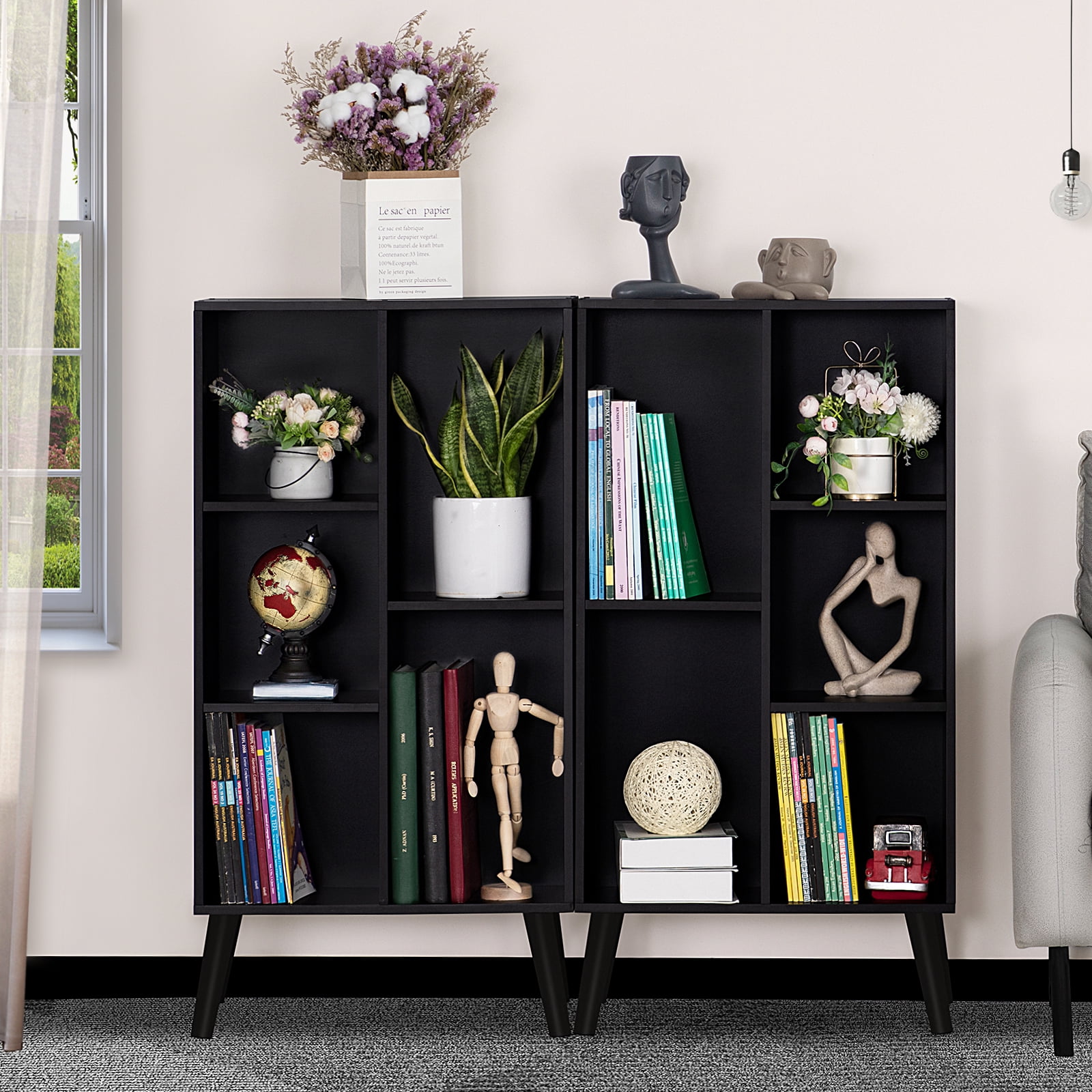 LELELINKY 5 Cube Open Shelf 5-Cube Storage Organizer Standard Wood Bookcase Bookshelf Wall Shelf 38" Tall Narrow Bookcase Display Stand Home Office, Black