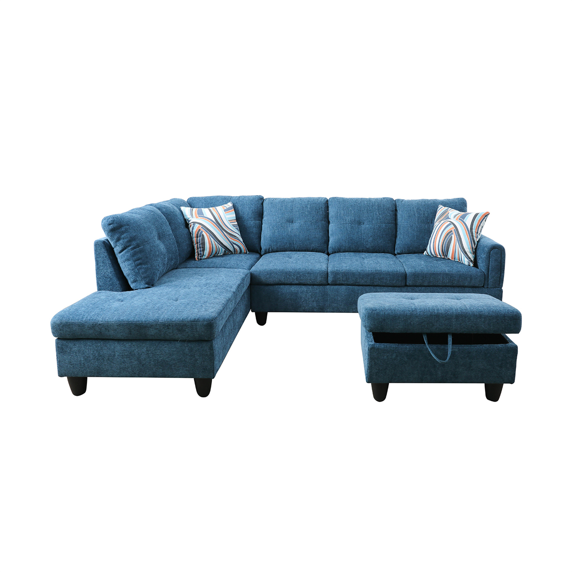Aukfa Sectional Sofa, Living Room Couch with Storage Ottoman, Left Facing Chaise, Flannel, Blue