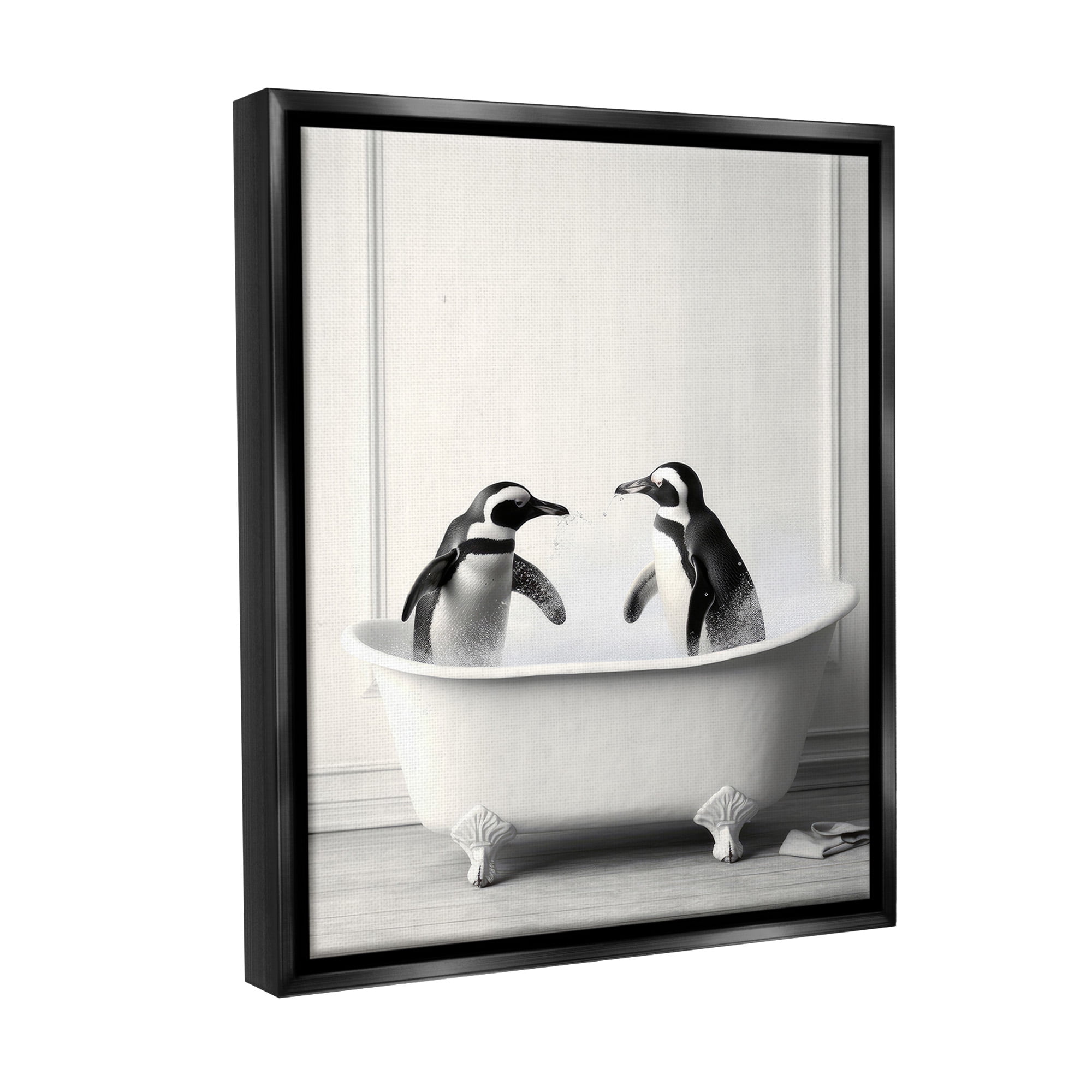 Stupell Industries Penguin Duo in Bath Animals & Insects Painting Black Floater Framed Canvas Art Print Wall Art, 17 x 21
