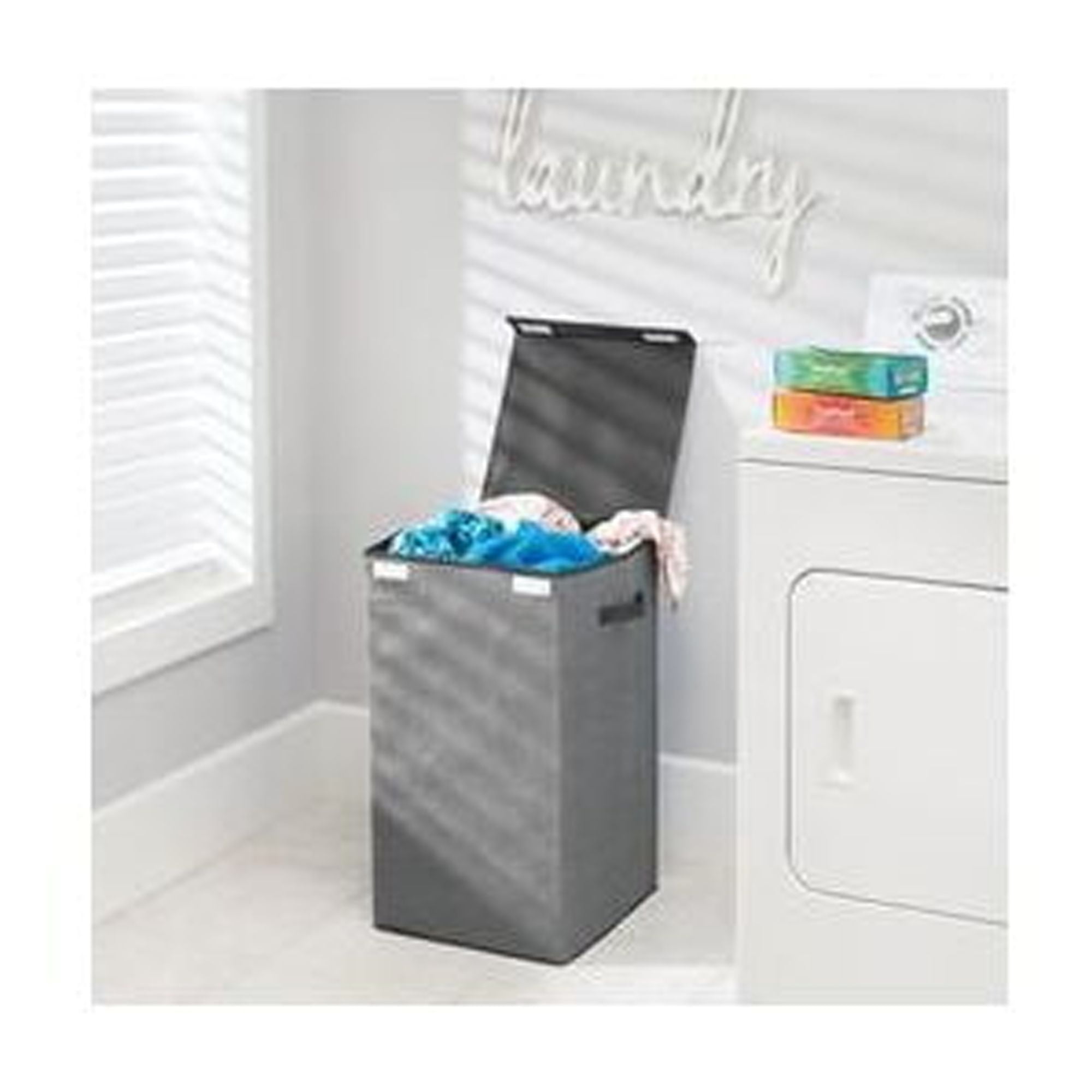 mDesign Large Laundry Hamper Basket with Hinged Lid and Attached Handles - Portable and Foldable for Compact Storage - Single Hamper Design, Textured Print with Solid Trim - Charcoal/Black