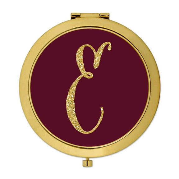 Koyal Wholesale Gold Compact Mirror Bridesmaid's Wedding Gift, Burgundy Maroon Jewel Tone , Monogram Letter E, 1-Pack