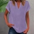 thumbnail image 2 of QQAMB Women's T-Shirts Cotton Linen V-Neck Solid Color Short Sleeve Summer Lightweight Casual Loose Tops Purple 2XL, 2 of 5