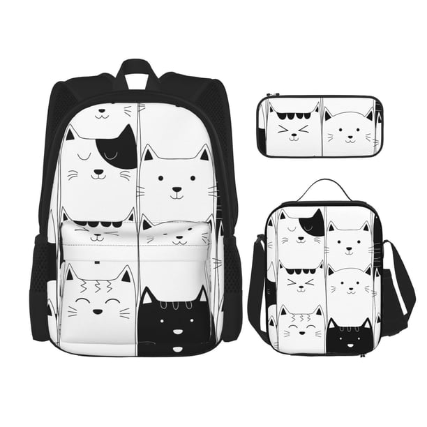 Easygdp Doodle Cute Cat Mochila para Niños y Niñas con Set de Caja de Almuerzo y Estuche para Lápices 3 en 1, Mochila Escolar Estampada para Adolescentes