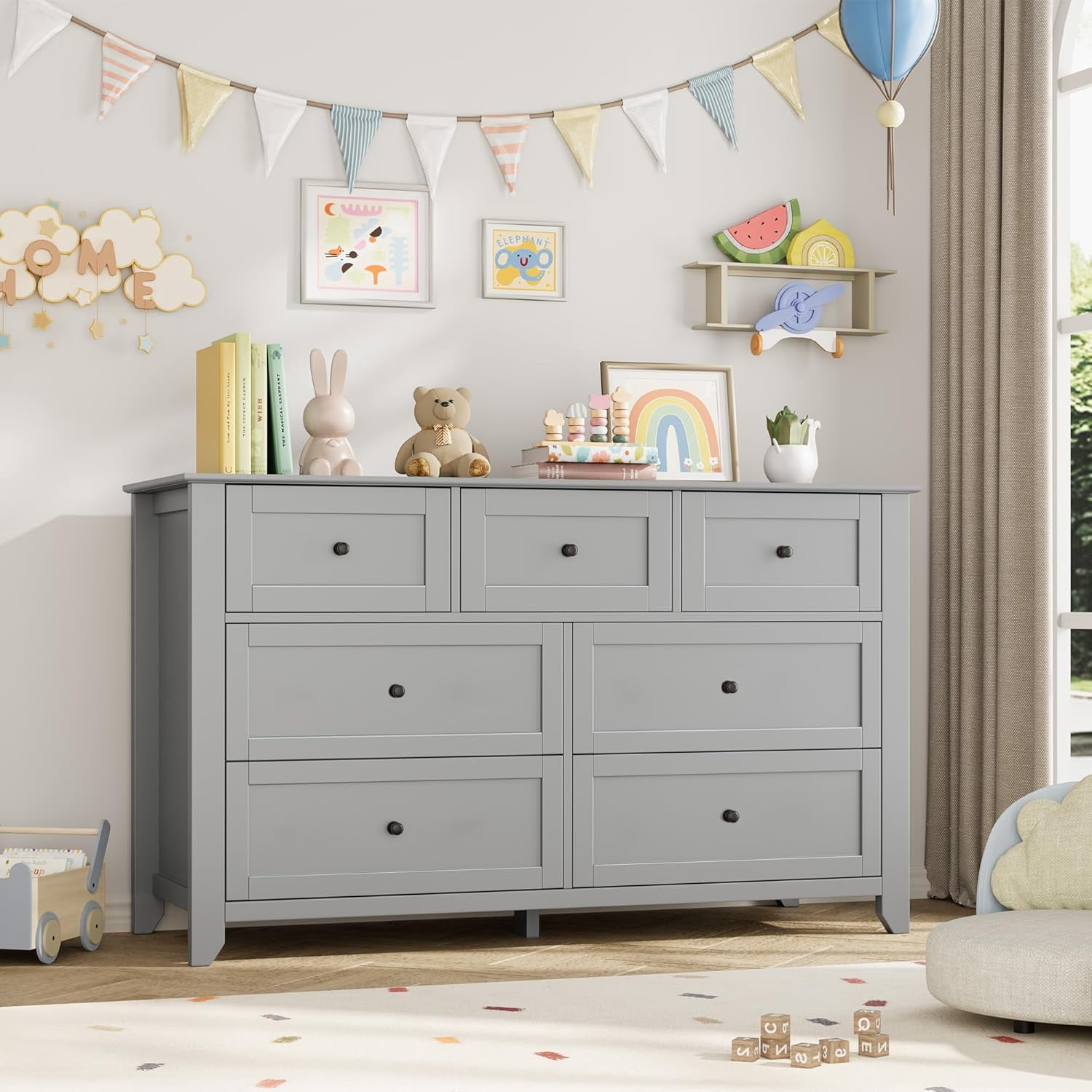 Grey 7 Drawer Dresser for Bedroom, 54" Wide Large Dresser with Deep Drawers & Metal Knobs, Modern Wooden Chests of Drawers for Entryway, Hallway