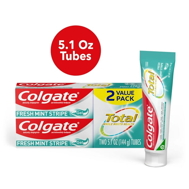 Colgate Total Fresh Mint Stripe Toothpaste, Mint Gel Toothpaste, 5.1 Oz Tube, 2 Pack