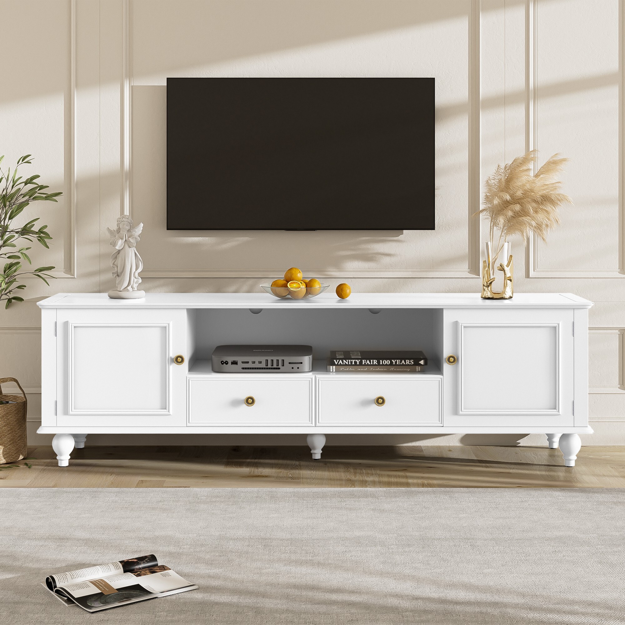AENKYO Modern Minimalist TV Stand with Storage Cabinets & Drawers, Entertainment Console for TVs up to 75", White