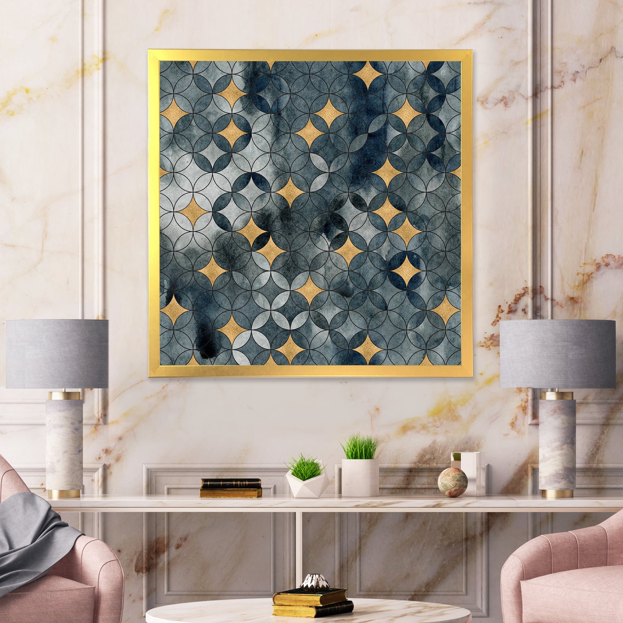 Designart 'Geometry Golden Stars With Intersecting Circles' Modern Framed Art Print