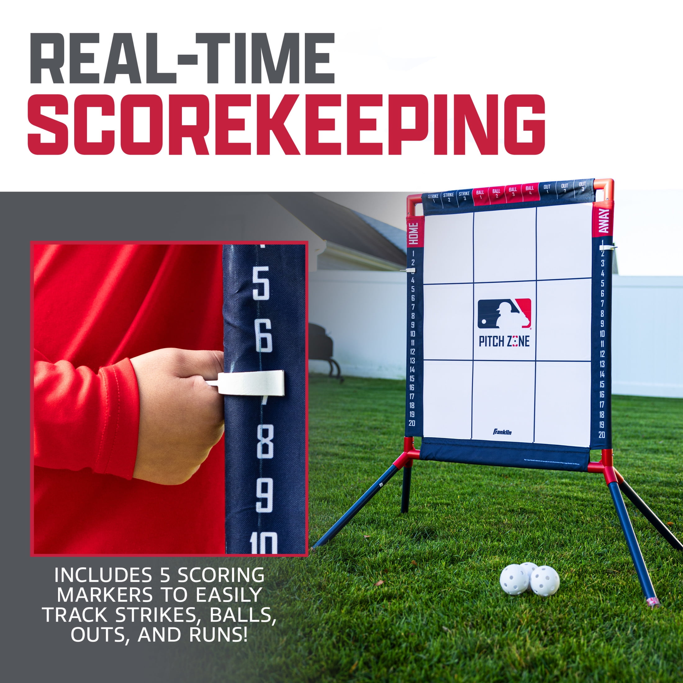 Franklin Sports MLB Pitch Zone Target – Backyard Baseball Strike Zone Trainer with Audible Feedback, Scoring Markers & 3 Plastic Balls – Practice Pitching Accuracy, Strikes, and Outs for Kids & Youth