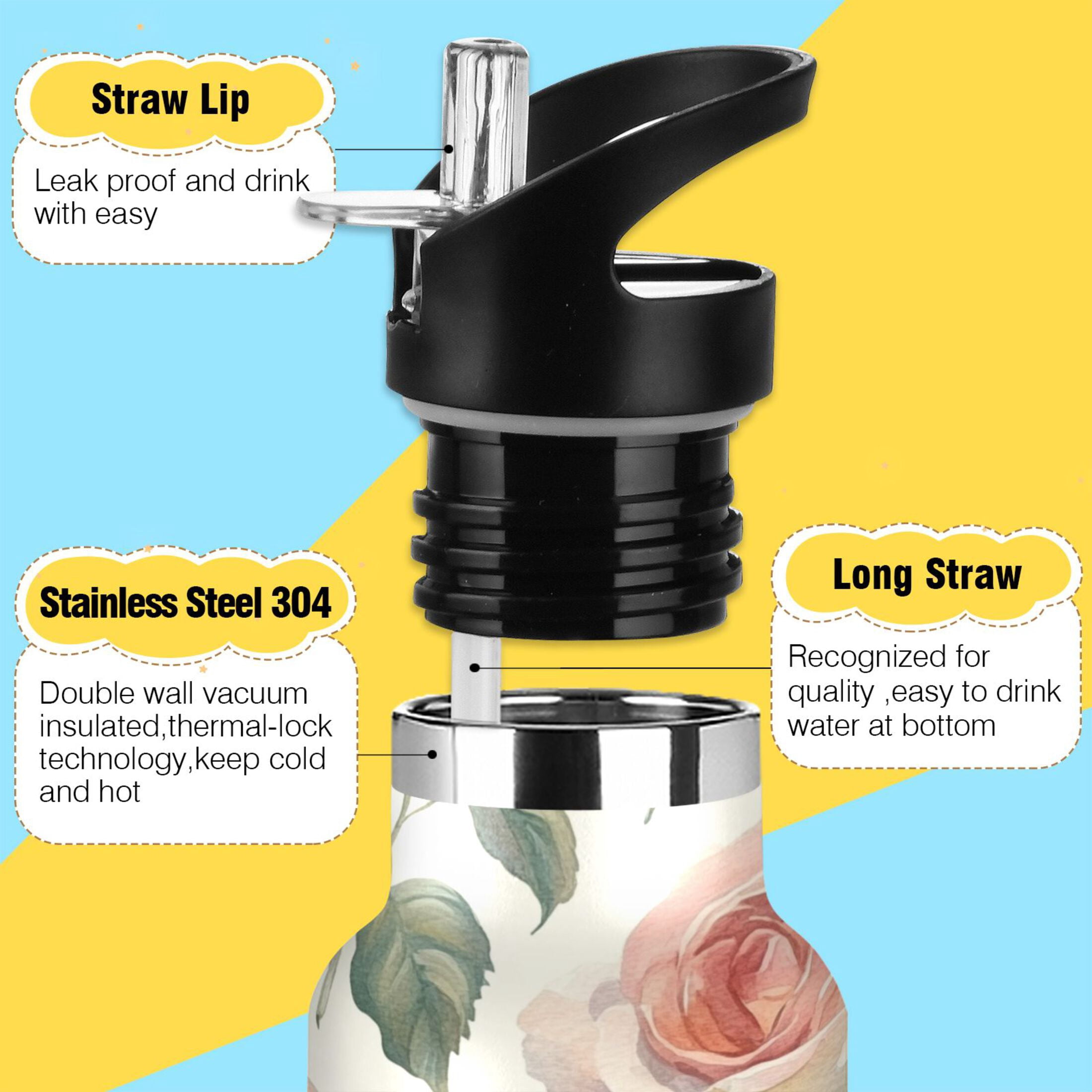600ML Stainless Steel Insulated Cup Sports Water Bottle Portable Thermos Cup Water Glasses Insulated Tumblers Convenient and Durable Coral Roses Seamless