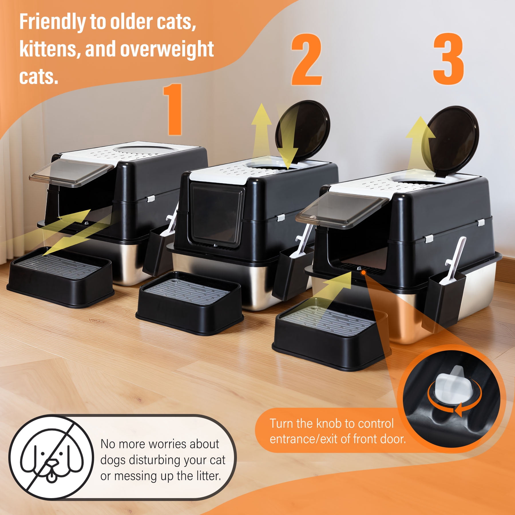 Stainless Steel Litter Box, XL Top Entry Cat Litter Box with Flip Lid, High Side Large Top Front Dual Exit Enclosed Cat Litter Pan Tray with Litter Scoop and Foot Pedal, Easy Cleaning, Anti-Leakage