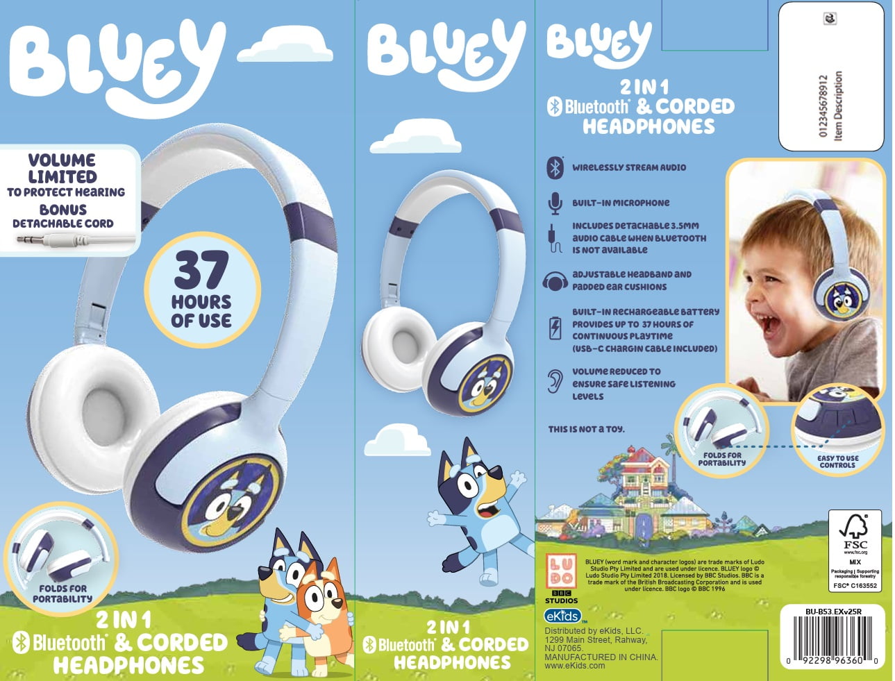 eKids Wireless Headphone for kids, Foldable, with Microphone Includes Aux Cord, Earphones, with Bluey, Disney Princess and Paw Patrol