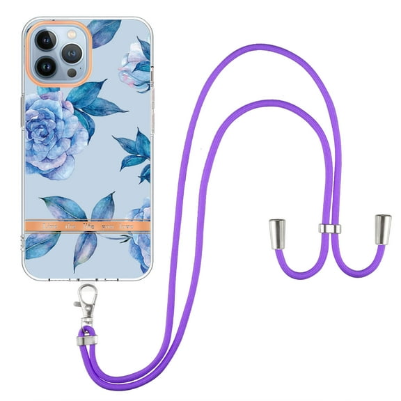 SaniMore Crossbody Design Case for iPhone 14 Pro (6.1" 2022), Adjustable Shoulder Strap Shockproof TPU Silicone Floral Back Cover for Girls Women [Ultra-slim Lightweight] Cord Cover, Blue Peony