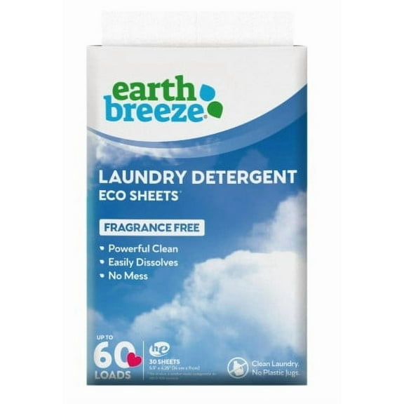 (4 - Pack) Earth Breeze Eco-Friendly Laundry Detergent Sheets - Scent Free, 60 Loads, Plastic-Free, Compact (30 Sheets)