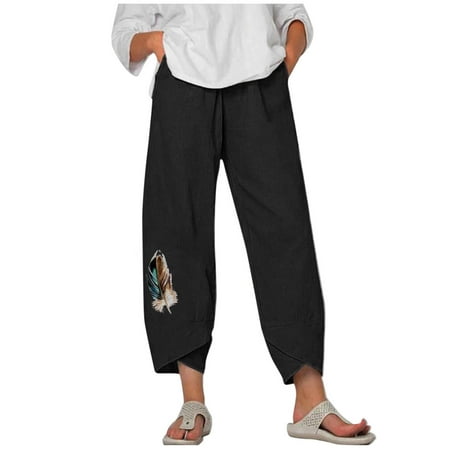 

Dadaria Linen Pants for Women High Waist Straight Leg Loose Cotton Linen with Pocket Printing Trousers Pants Black M Female