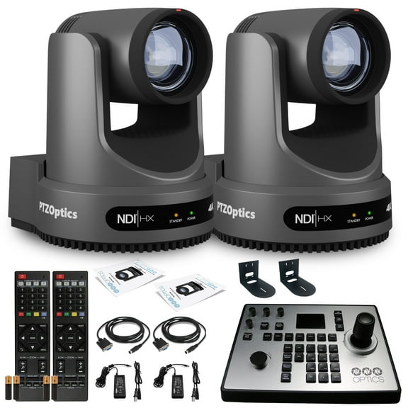 2 x PTZOptics Move 4K SDI/HDMI/USB/IP PTZ Camera with 12x Optical Zoom (Gray) (PT12X-4K-GY-G3) PTZOptics PT-JOY-G4 Joystick Controller 2 x Universal Wall Mount (Black)