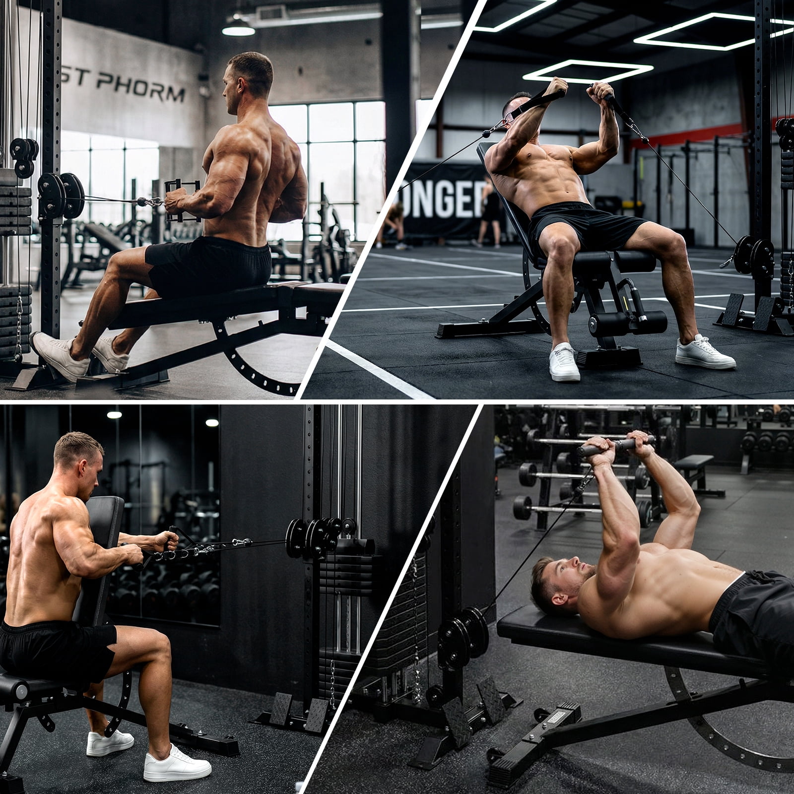 Mikolo Cable Tower Squat Stands with 200LBS Weight Stack, Wall Mounted Pulley Tower  with 1200LB Capacity Adjustable Weight Bench ,Lat Pull Down Machine for Home Gym
