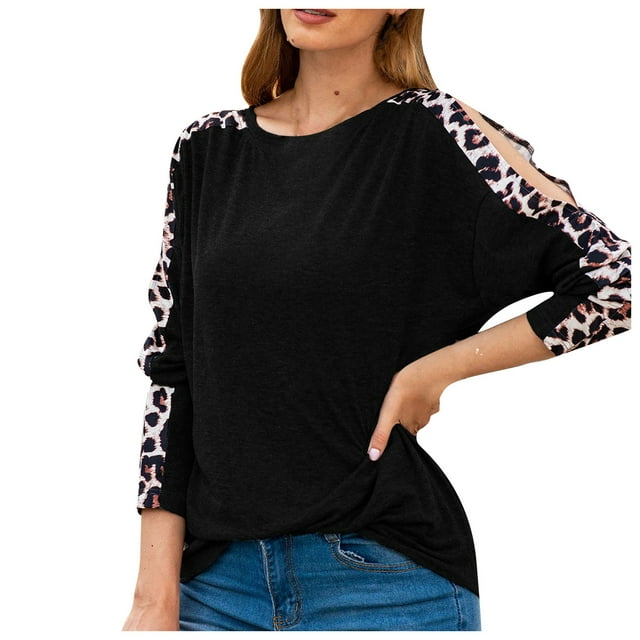 Pompotops T-Shirt à Manches Longues Imprimé Léopard Col Rond Mode Femme Pull Épaule Dénudée