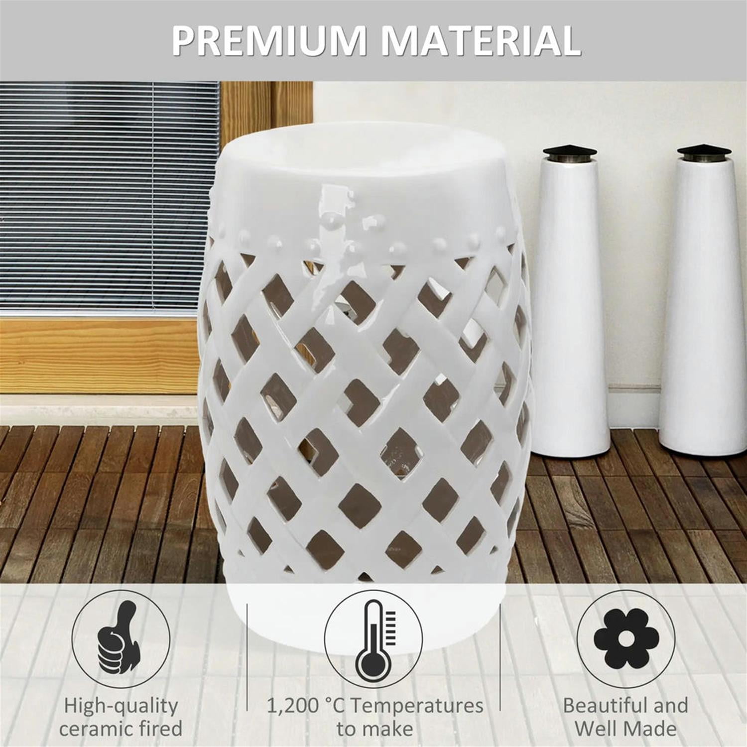 Demi Bonn 12" Large Outdoor Ceramic Stool with Intricate Lattice Design, Decorative Stool for Garden or Patio, White