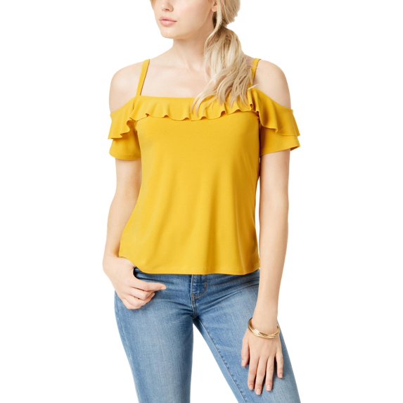 Bar III Womens Ruffle Cold-Shoulder Top