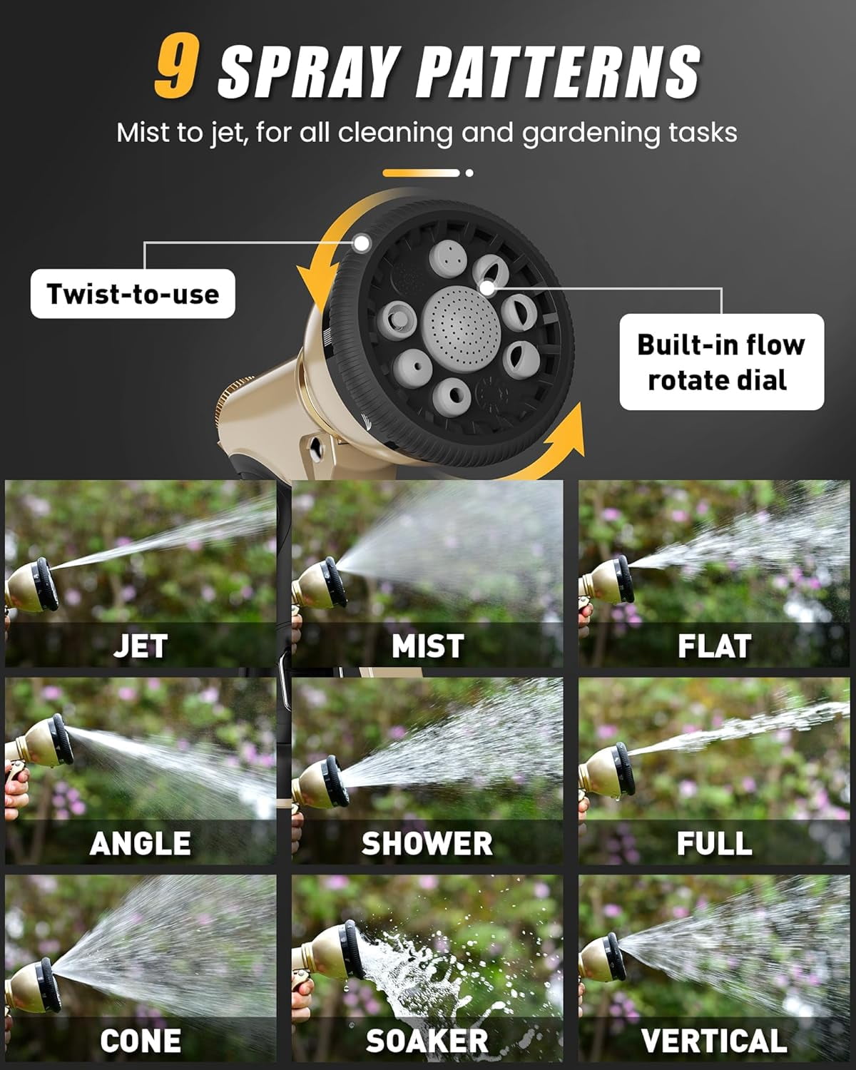 Bamojija Garden Hose Nozzle with 9 Spray Patterns High Pressure Watering Nozzle