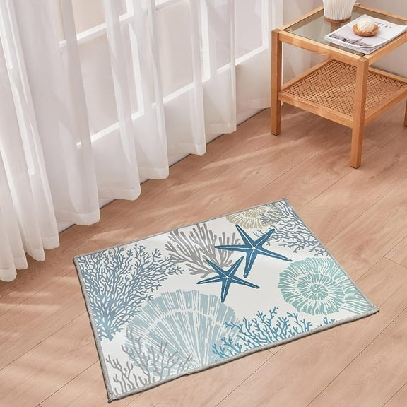 Coastal Area Rug 2x3 - Small Machine Washable Foldable Throw Rugs Non-Slip Beach Ocean Entryway Doormat Indoor Entrance Carpet for Kitchen Bathroom Laundry Bedroom Living Room, Blue