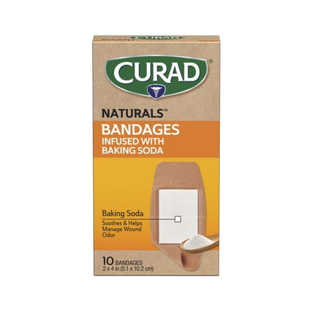 CURAD Naturals Bandages Infused with Baking Soda, 2 x 4 in, 4-Sided Seal, 10 Count