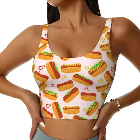 Qokaie Hot Dog In Heart Pattern Womens Scoop Neck Sports Bra Breathable Workout Vest Padded U Back Medium Impact Fitness Gym Yoga Bra Workout Crop Top-Medium