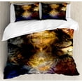 thumbnail image 1 of Fantasy Queen Size Duvet Cover Set, Woman Portrait Lion and Flower Pattern Phoenix Bird Motif Abstract Illustration, Decorative 3 Piece Bedding Set with 2 Pillow Shams, Multicolor, by Ambesonne, 1 of 3