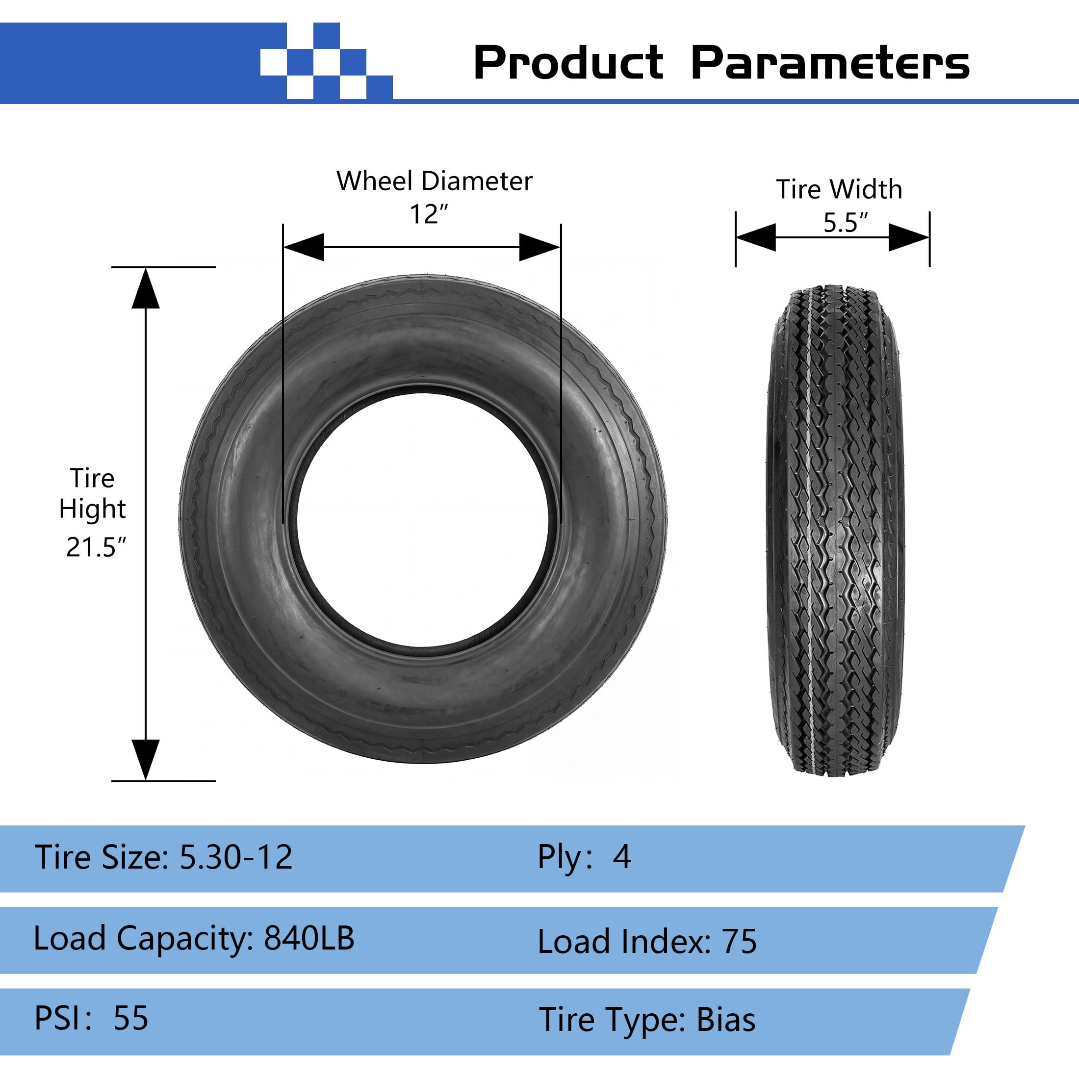 Hi-Run 2 Set SU02 5.30-12 4PR Boat Trailer Tire Fits 530-12