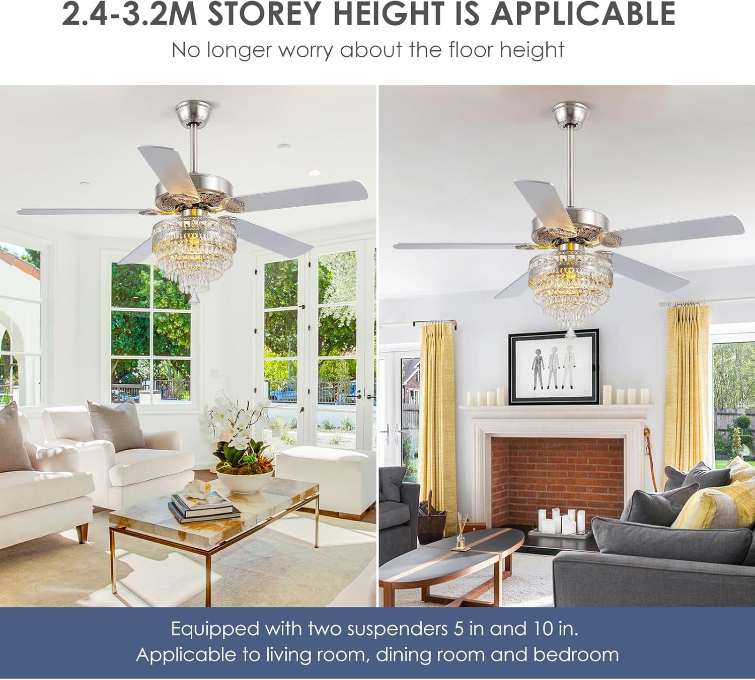 PHORUS 52'' Modern Crystal Ceiling Fan with Lights Remote Control,5 Blades Fandelier Ceiling Fan with Light,Whisper-Quiet Motor,Elegant Chandelier Fan for Living Room,Silver