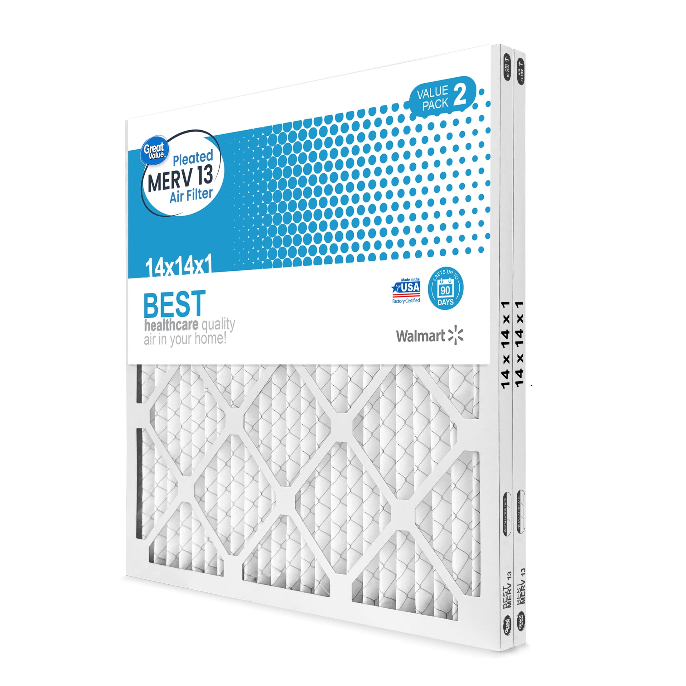 Great Value; 14x14x1; MERV 13 BEST HVAC Air and Furnace Filter; Improves Indoor Air Quality; 2 Filters