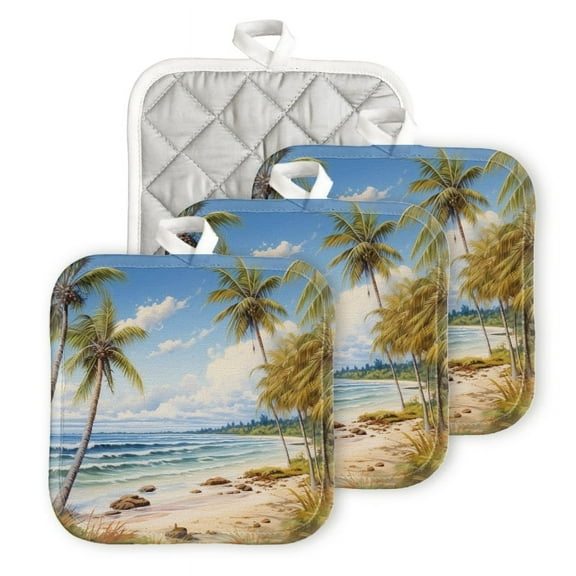 Bahomeck Pot Holder 4Pcs,Painting Of The Beach In Fiji With Palm Trees And Ocean Waves Square Heat Resistant Hot Pads For Kitchen Cooking Oven With Hanging Loop Potholder Easy To Store