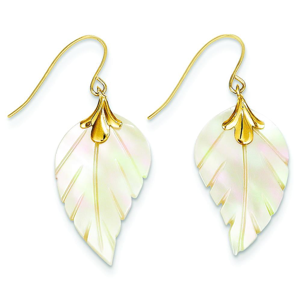 Mother of Pearl Leaf Earrings 14k Gold Filled  Wire Wrapped Hypoallergenic Large Carved Shell MOP Mother of Pearl Vintage 70s