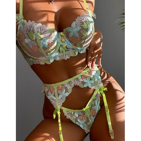 Embroidery Floral Lingerie Set (XL, Green)