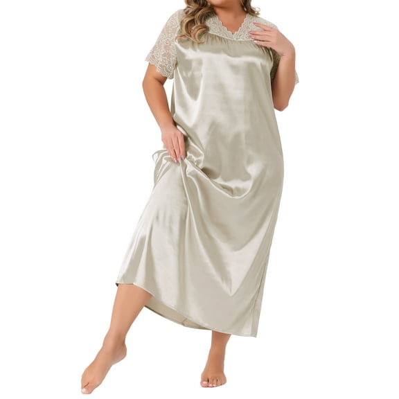 Agnes Orinda Women's Plus Size Nightgown Satin Lace Hollow V Neck Short Sleeve Chemise Lounge Maxi Sleep Dress 2X Champagne