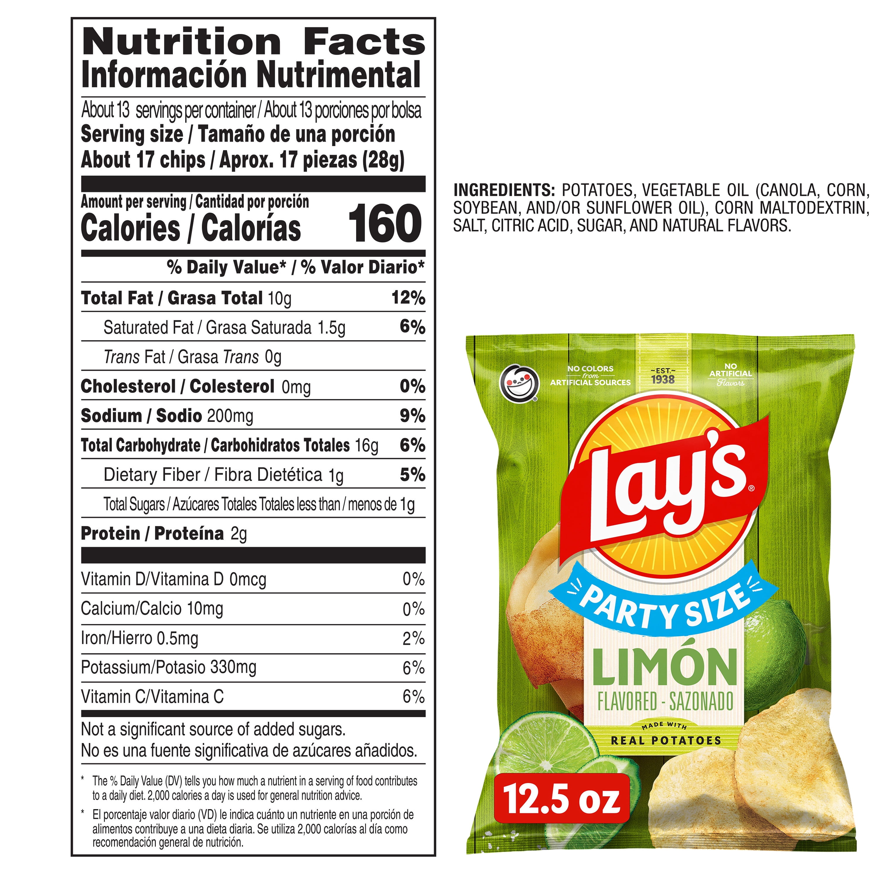 (3 pack) Lay's Limon Flavored Potato Chips, Party Size, 12.5 Ounce Bag