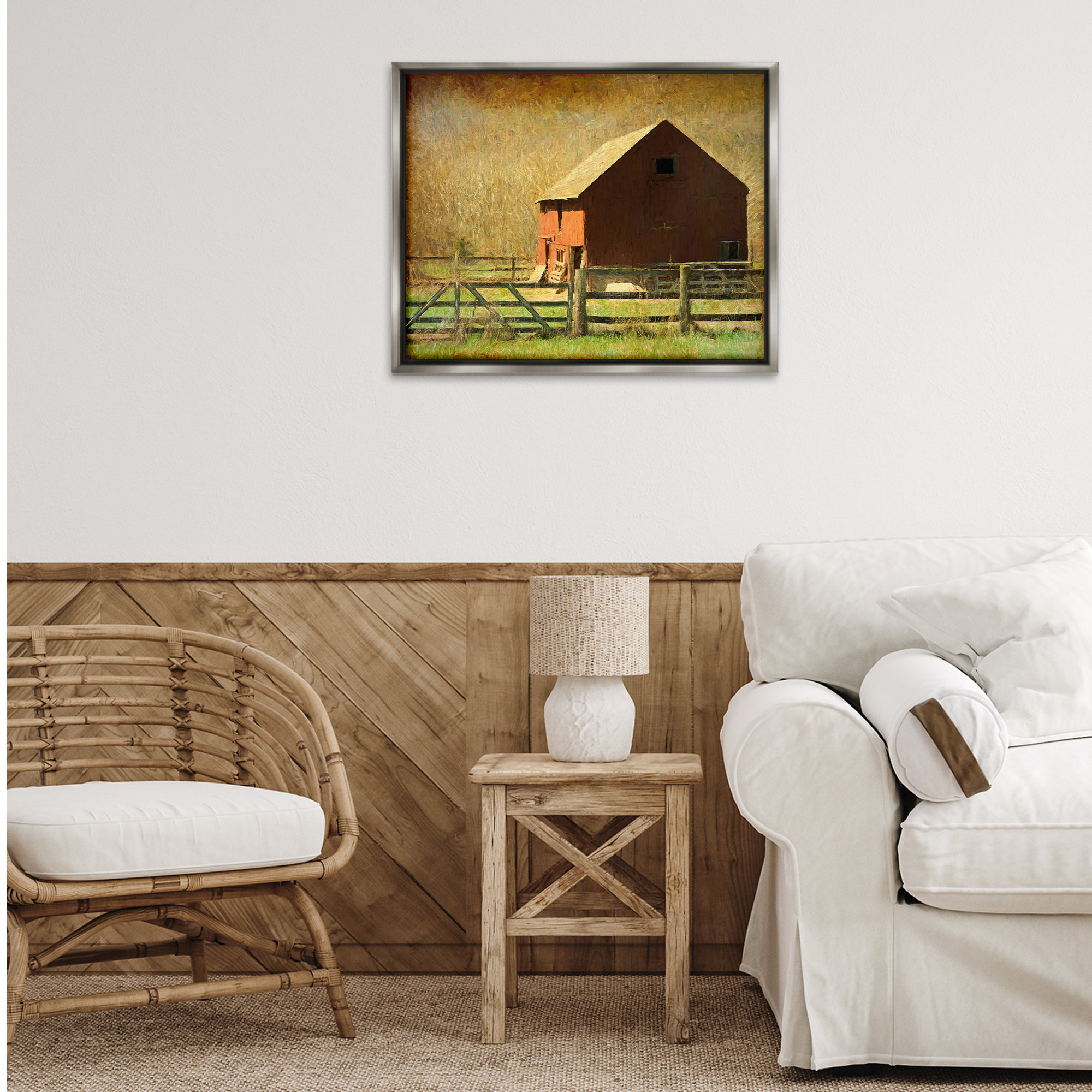 Stupell Industries Red Barn Distressed Pattern Landscape & Nature Painting Gray Floater Framed Canvas Art Print Wall Art, 31 x 25