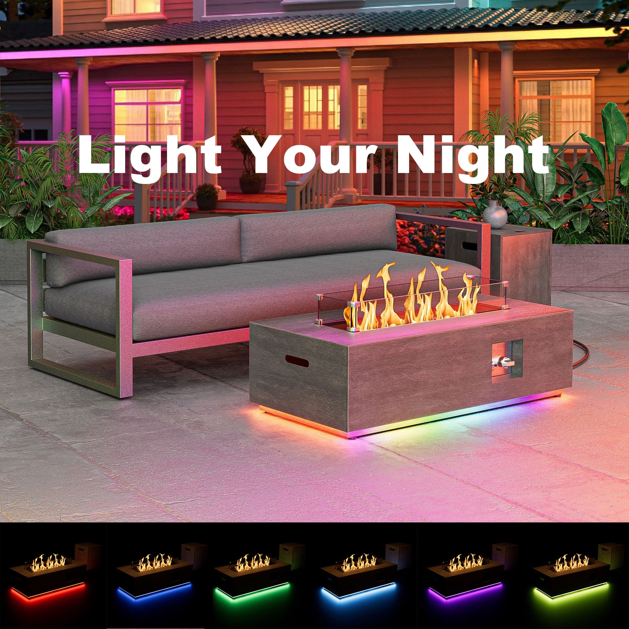 Evita 42" Propane Fire Pits for Outdoor 50,000 BTU Gas Fire Pit Table with Lid ,Glass stone,Windguard Glass,Tank Cover,LED Light Strip
