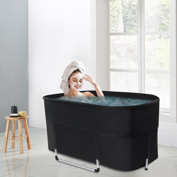 Portable Bath Tub, Foldable Ice Bathtub for Adults Soaking Bathing Tub Collapsible Tub Outdoor Indoor Hot Bath Tub Black for Home Travel Camping