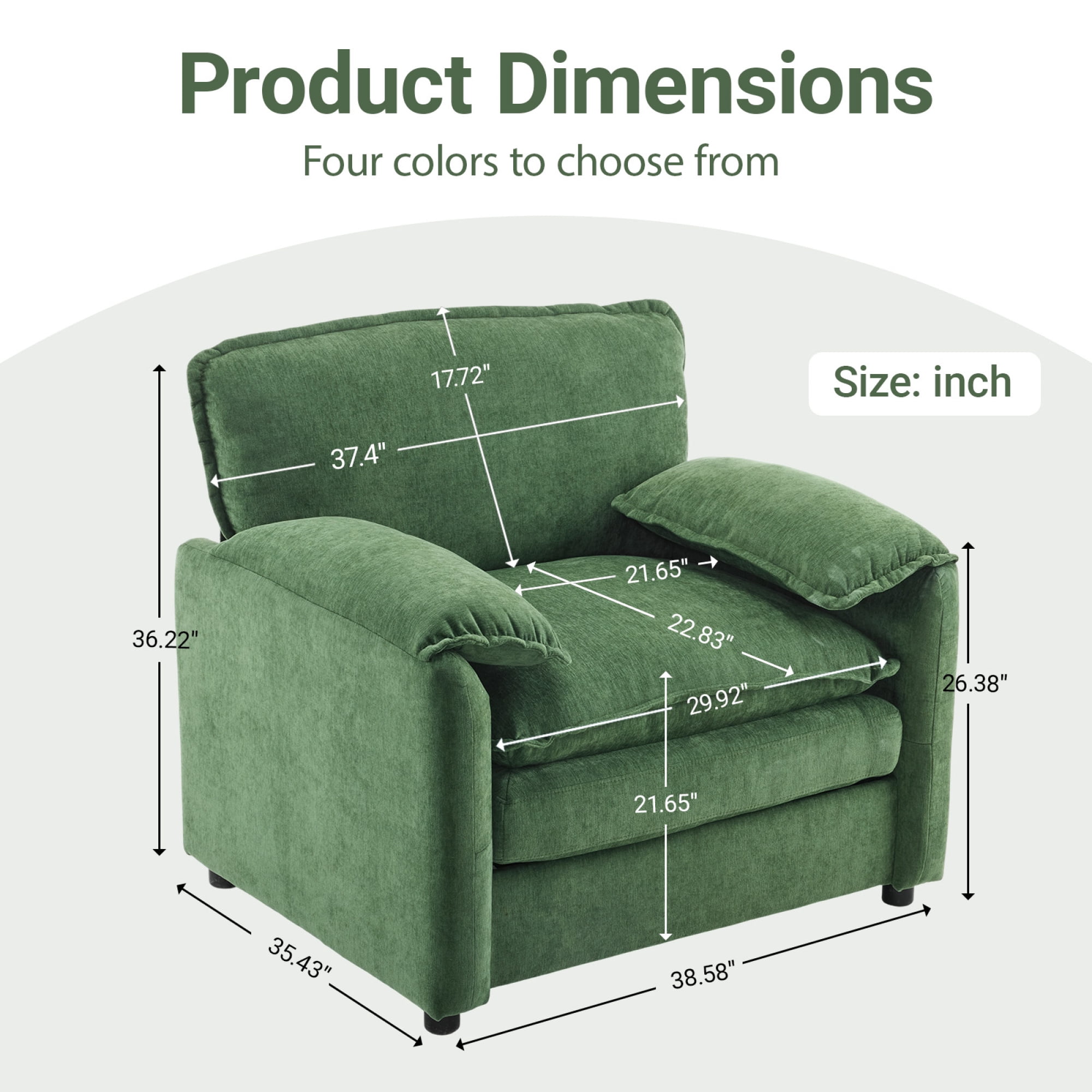Oversized Chenille Armchair, 38" Upholstered Accent Chair with Thick Comfort Cushions and High Back for Living Room, Bedroom, Office,Green