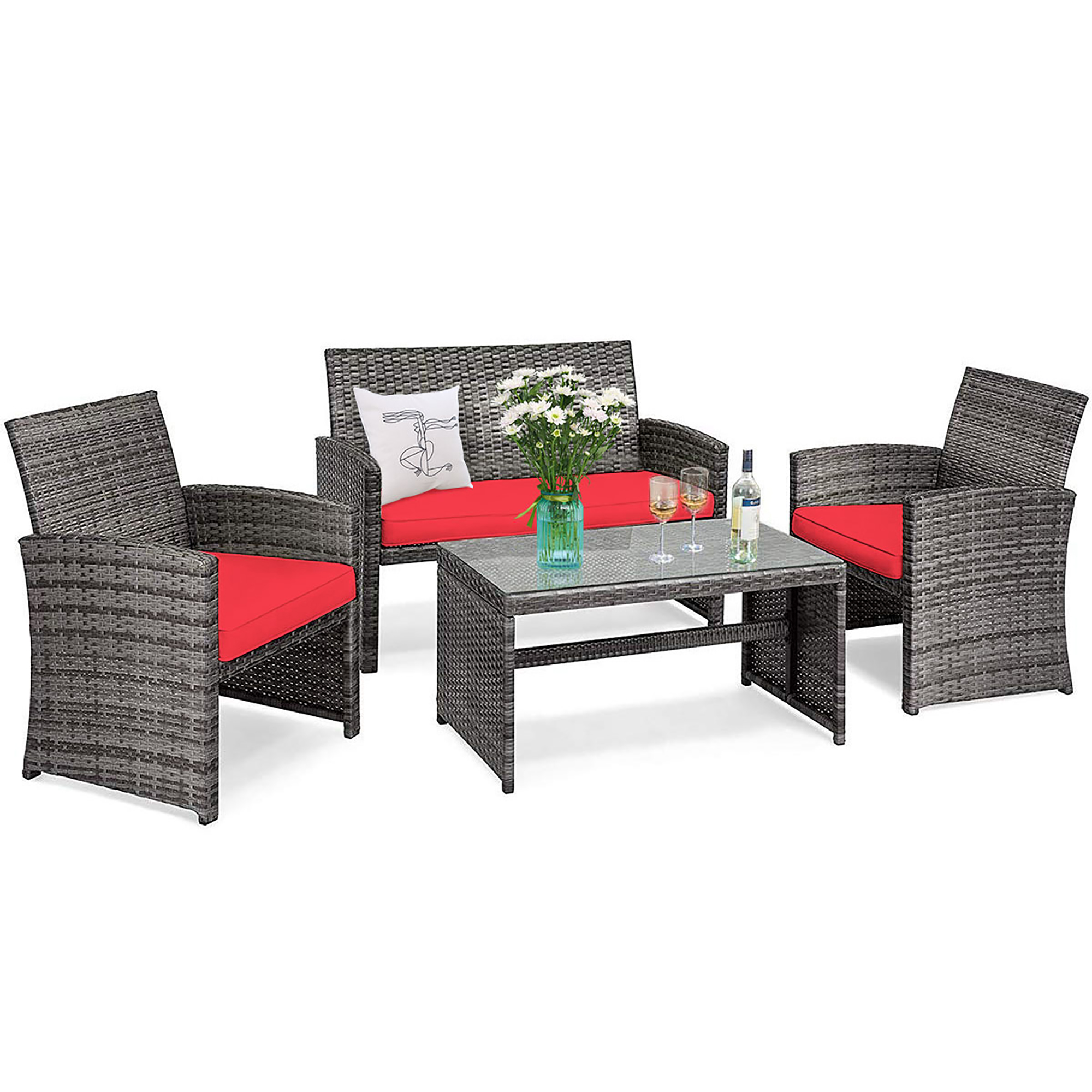 Costway 4PCS Patio Rattan Conversation Glass Table Top Cushioned Sofa Red - image 8 of 10
