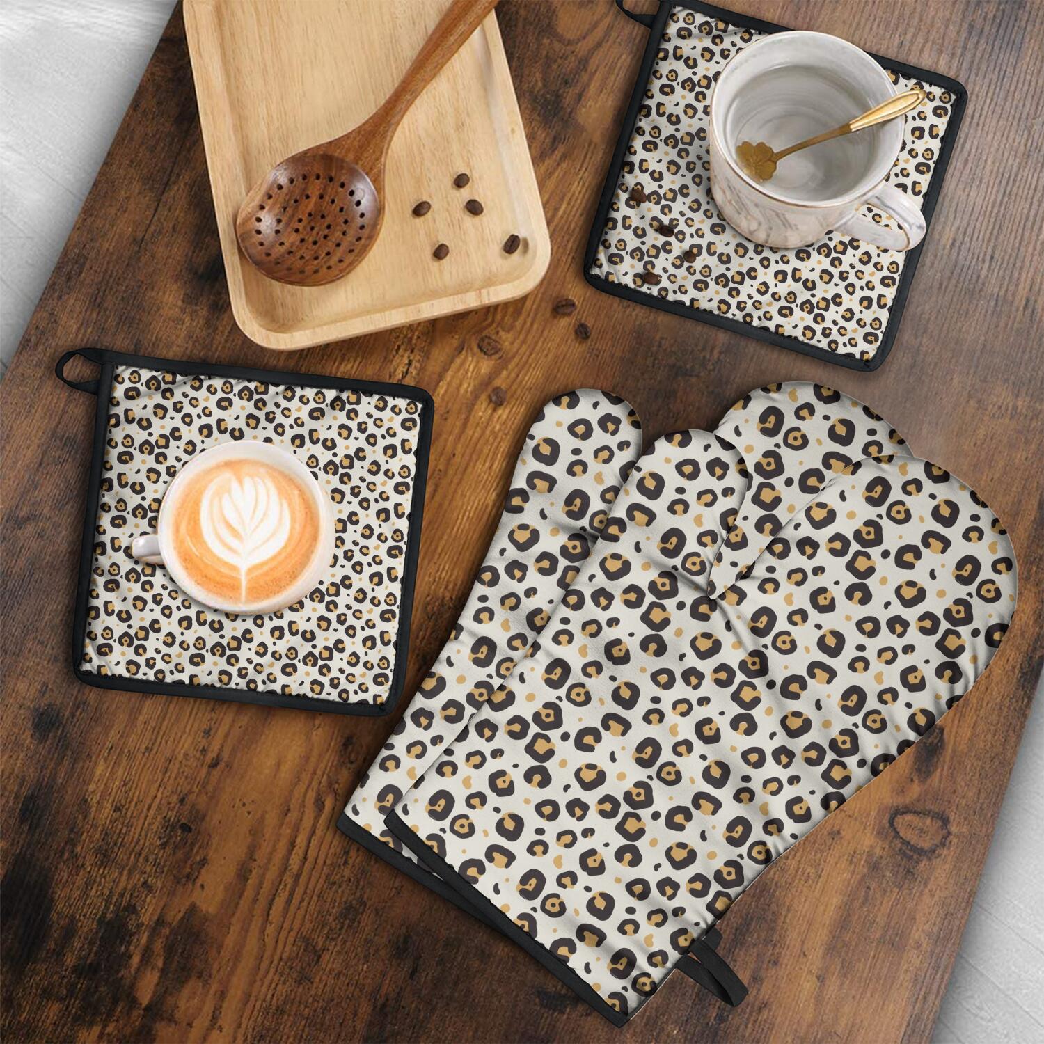 Leopard Print Oven Mitts and Pot Holders Set Of 4, Heat Resistant Kitchen Gloves with Non-Slip Grip, Hanging Loop, Soft Cotton Lining for Baking, Cooking, Grilling, Barbecue