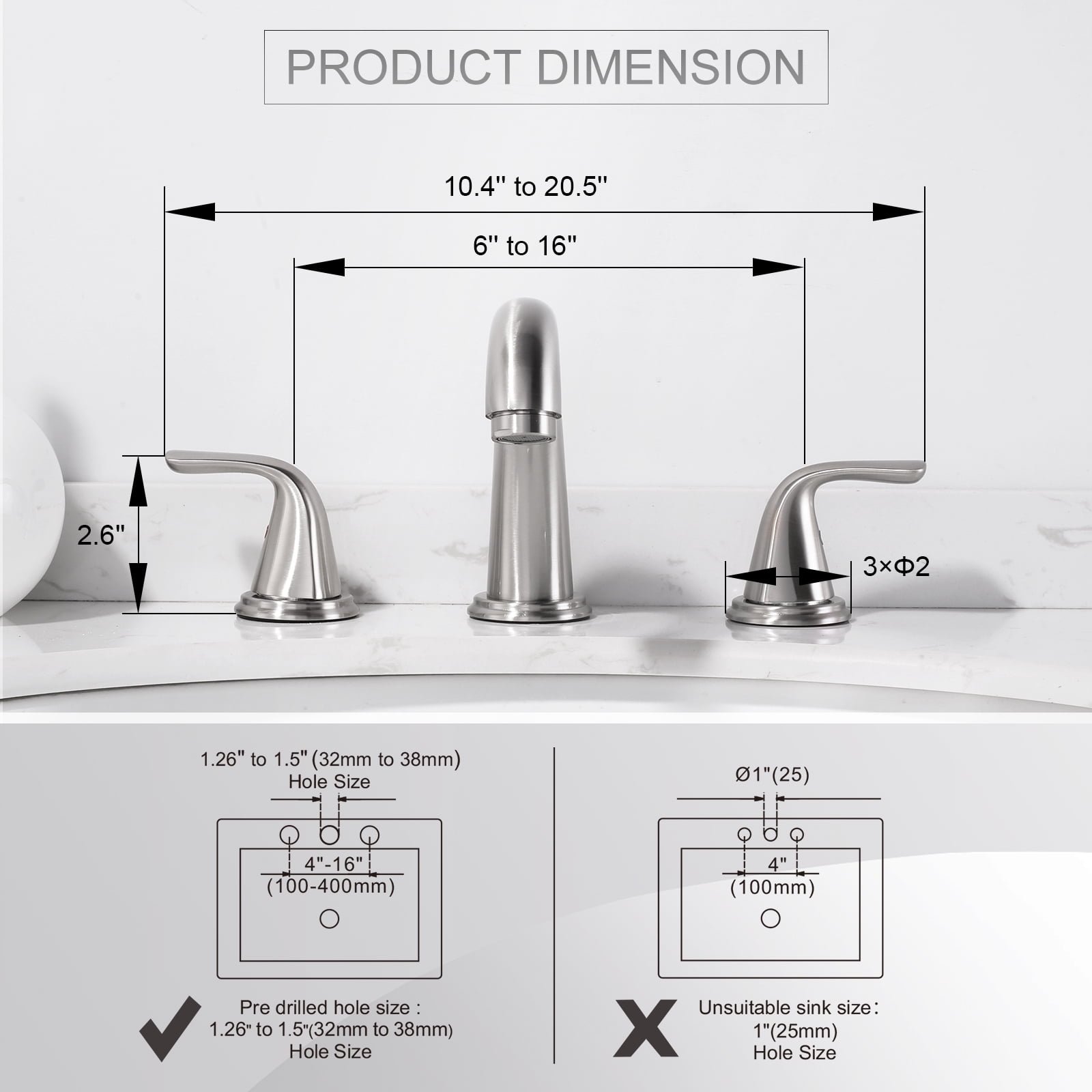 Wowow Bathroom Sink Faucet 3 Holes Brushed Nickel,  Widespread Bathroom Faucet, Bathroom Sink Faucet 3 Holes, Pop Up Drain with Overflow for RV Restroom Vanity Camper