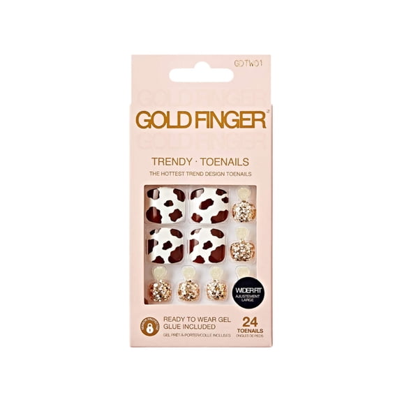 GoldFinger Trendy Press On Fake Toenail Wider Fit, Cow Animal Print & Glittering Metallic Gold Color, Ready to Wear Gel & Manicure Stick, Mini Glue included, Long-Lasting Convenient & Easy to Apply