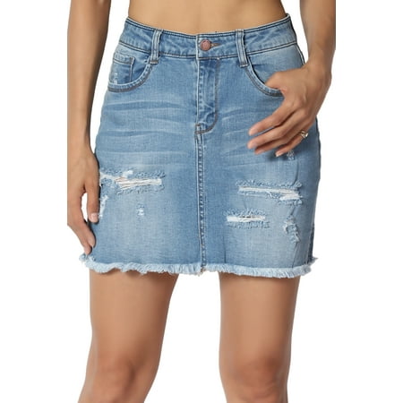 - TheMogan Junior's Raw Slit Hem High Waist Distressed Jean Denim Mini Skirt