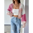 thumbnail image 4 of Women'S Color Block Open Front Long Sleeve Ribbed Knit Cropped Cardigan Sweaters Pink S, 4 of 8