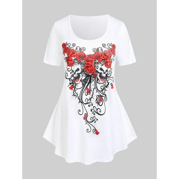 Camiseta Talla Extra Estampado Cráneo Curvo Rosa Rosegal Camisetas tallas grandes